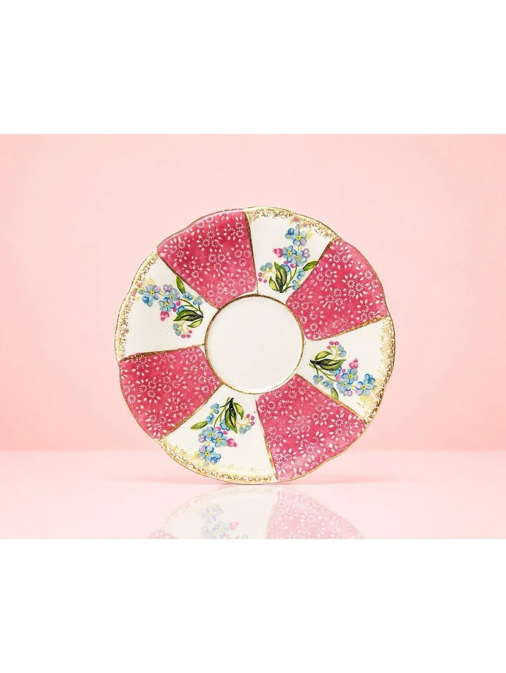 Enesco 1960s Orphan Saucer Hand-Painted Maroon Panels Forget-Me-Nots, 5.75”
